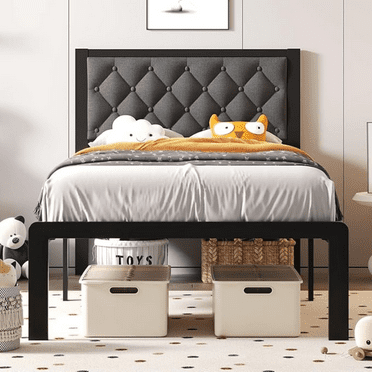 Twin Bed Frame with Headboard Linen Upholstered Bed Frame Platform,All Metal Slats Support Platform Bed Frame with Storage Space,Easy Assembly,Noise Free,No Box Spring Needed,Grey