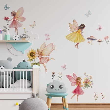 Watercolor Flower Fairy Wall Decal, Butterfly Floral Fairy Wall Sticker, Removable Peel and Stick Wall Mural, Magical Girls Nursery Bedroom Playroom Wall Decor, Fairy Garden Wall Art