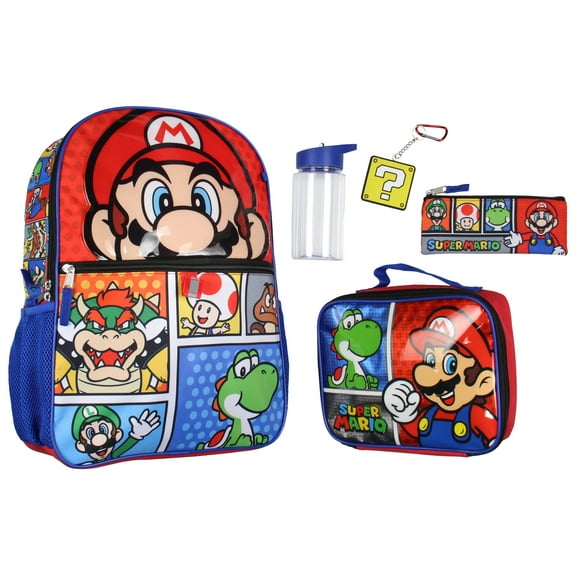 Super Mario 5-Piece 16" Backpack Set With Detachable Lunch Tote Water Bottle Pencil Case and Rubber Charm Keychain