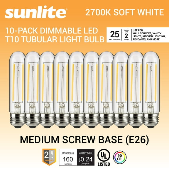 Sunlite LED Filament T10 Tubular Light Bulb, 2 Watts (25W Equivalent), 160 Lumens, Medium E26 Base, 120 Volts, Dimmable, 90 CRI, UL Listed, Clear, 2700K Soft White, 10 Pack