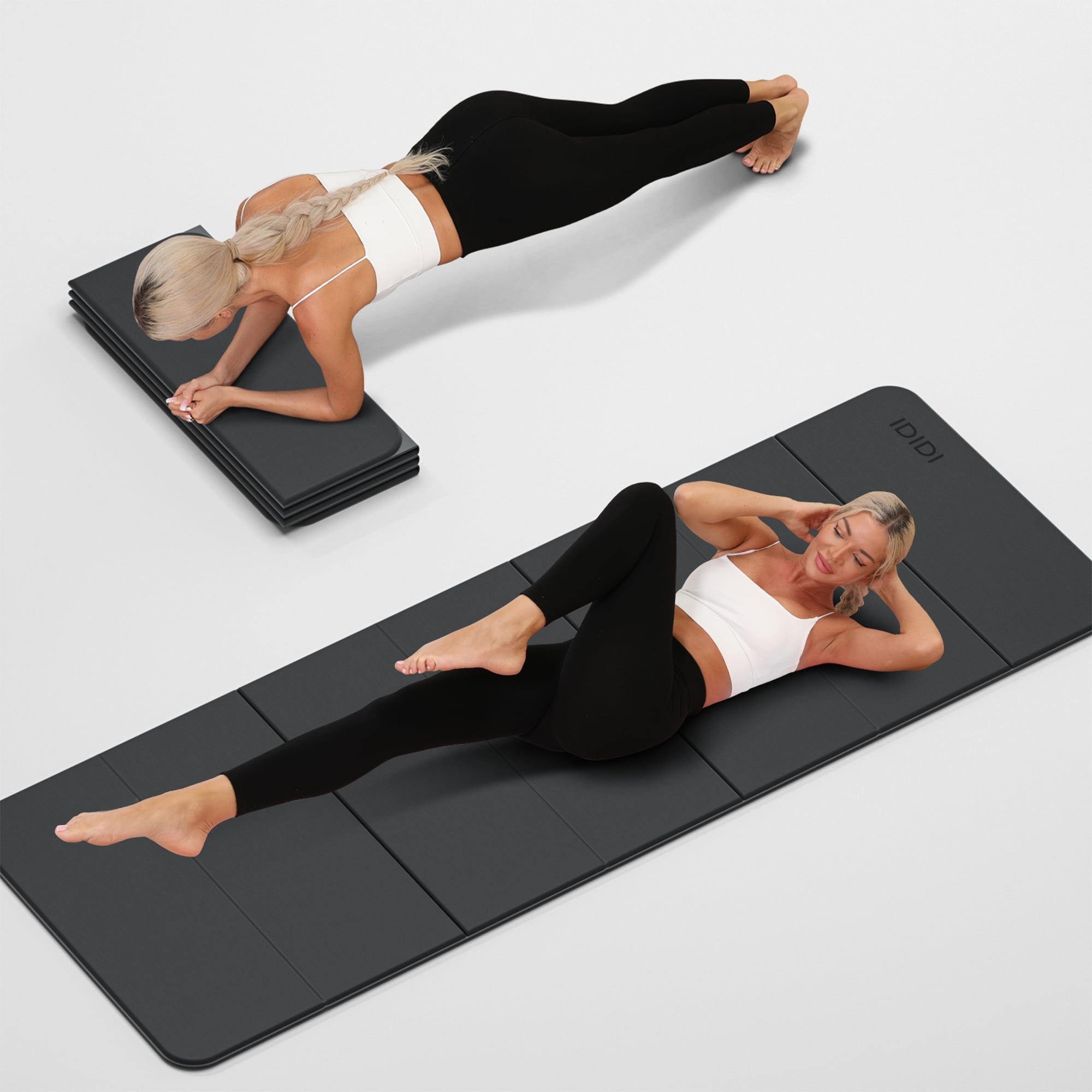 IDIDI Foldable Yoga Mat, 8mm Thick, Non Slip Exercise Mats For Home and Travel, Quick Unfold/Stor, Flat Lay No Curl Design(Grey+Black)