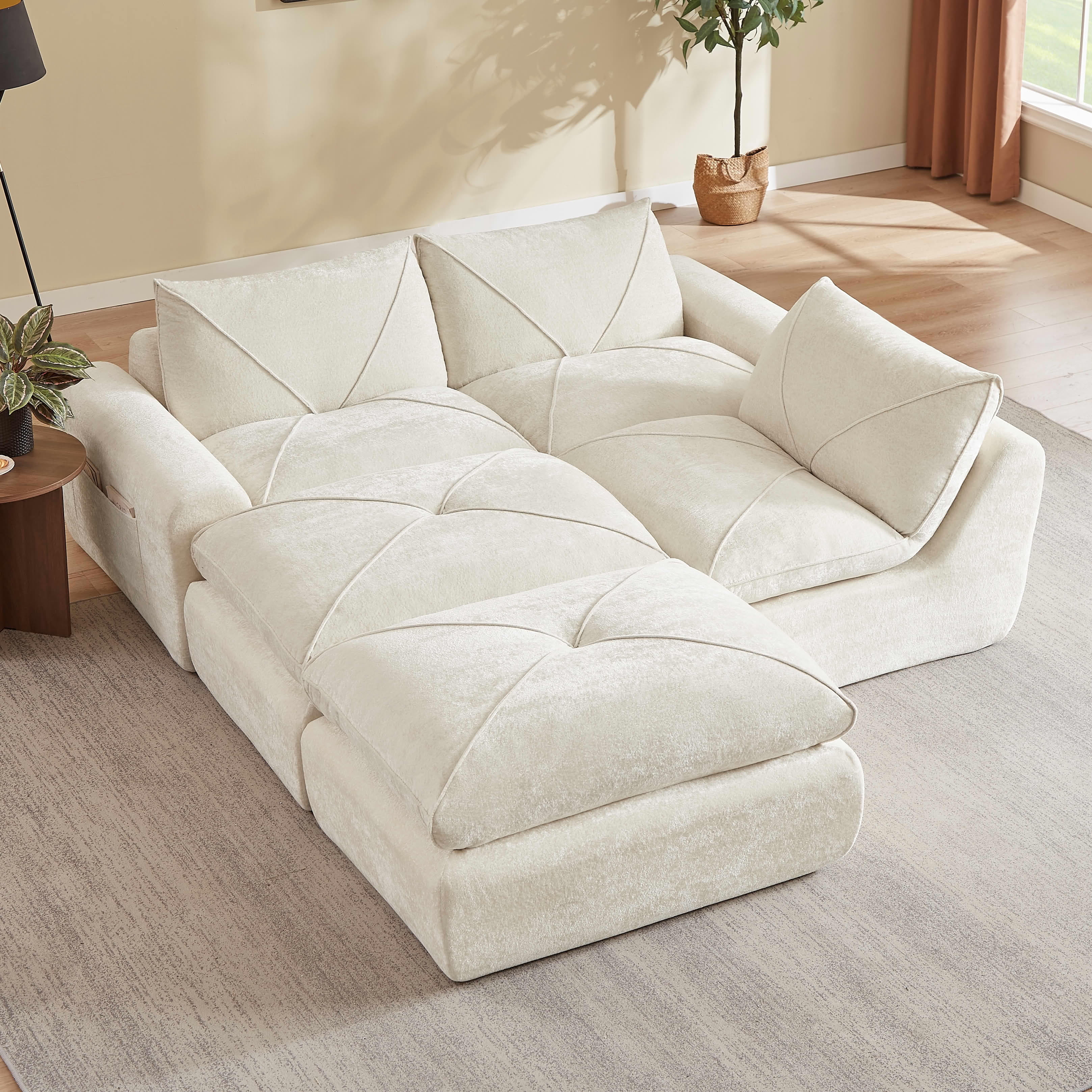 MAYEERTY 119" Cream Chenille U-Shaped Modular Sectional Sofa, Spring Support for Living Room Apartment