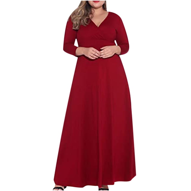 Vestido de fiesta de manga larga con degradado sólido y escote en V sexy para mujer de talla grande Fridja NMB3703