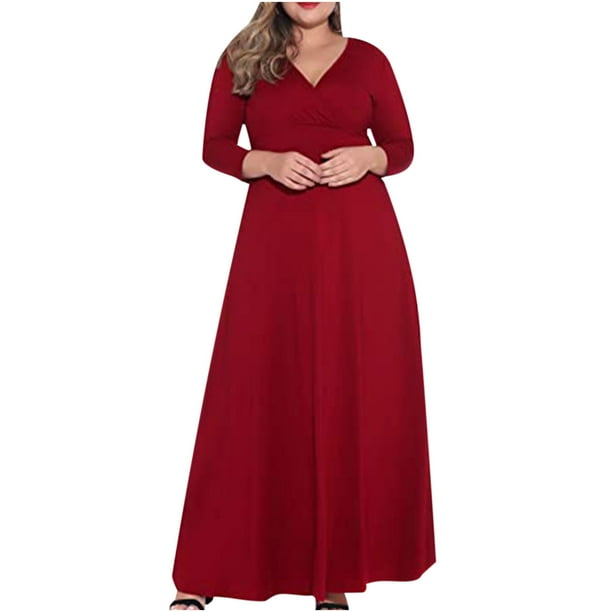 Vestido de fiesta de manga larga con degradado sólido y escote en V sexy para mujer de talla grande Fridja NMB3703