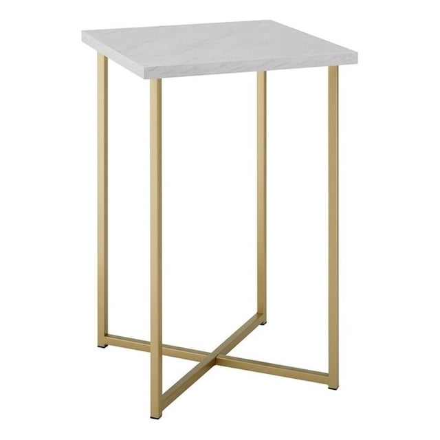 Pemberly Row 16" Transitional Metal Side Table with Faux Marble Top in Gold