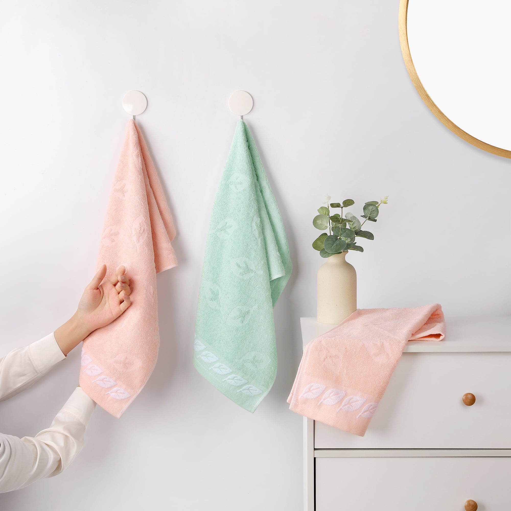 Unique Bargains Leaves Pattern Bathroom Hand Towels Soft Green 2-Piece