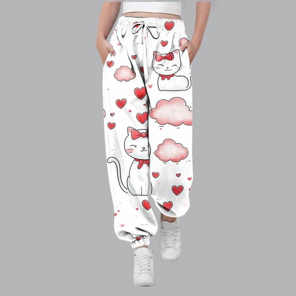 Girls Cute Cat Print Jogger Pants, Soft Stretch Polyester Spandex Multicolor Casual Loungewear with Adjustable Drawstring & Side Pockets,Size 3-4T