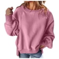 thumbnail image 3 of Women's Plush Casual Loose Solid Color Pullover Round Neck Long Sleeve Sweater Hem Side Slits Sweatshirt, 3 of 8