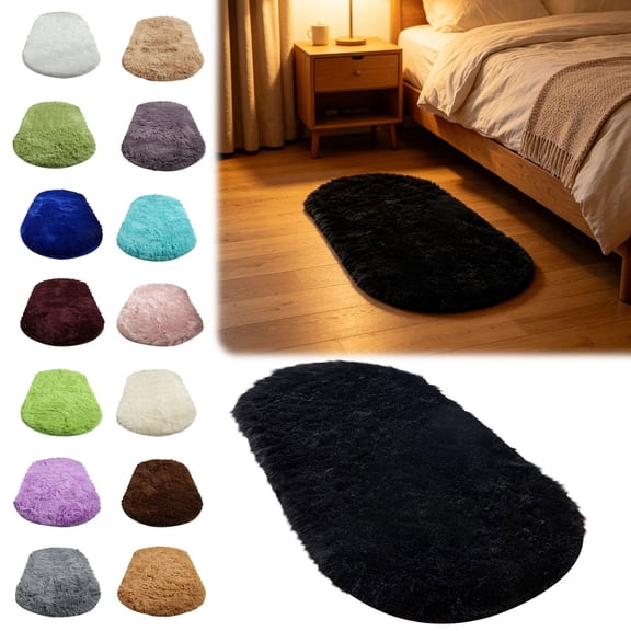 Oval Rugs for College Dorm, Bedroom Small Area Rug, Non-Slip Fluffy Shaggy Bedside Soft Shag Fuzzy Plush Carpet for Home Decor Black 1Pcs