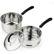 Cook N Home Professional Double Boiler Saucepan 2-Quart, 18/10 Stainless Steel Steam Melting Pot for Butter Chocolate Cheese, Tempered Glass Lid