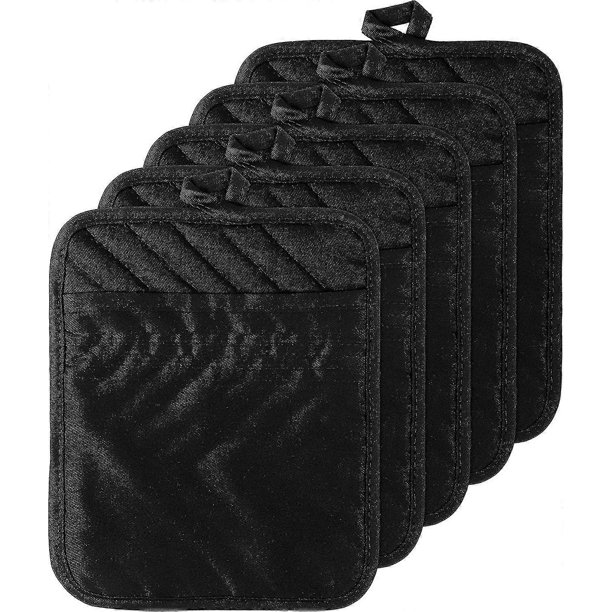 CHAO Juego de agarraderas de algodón de bolsillo, resistentes al calor, lavables a máquina, de tela de rizo, para horno, color negro, almohadillas para ollas lisas, salvamanteles negros