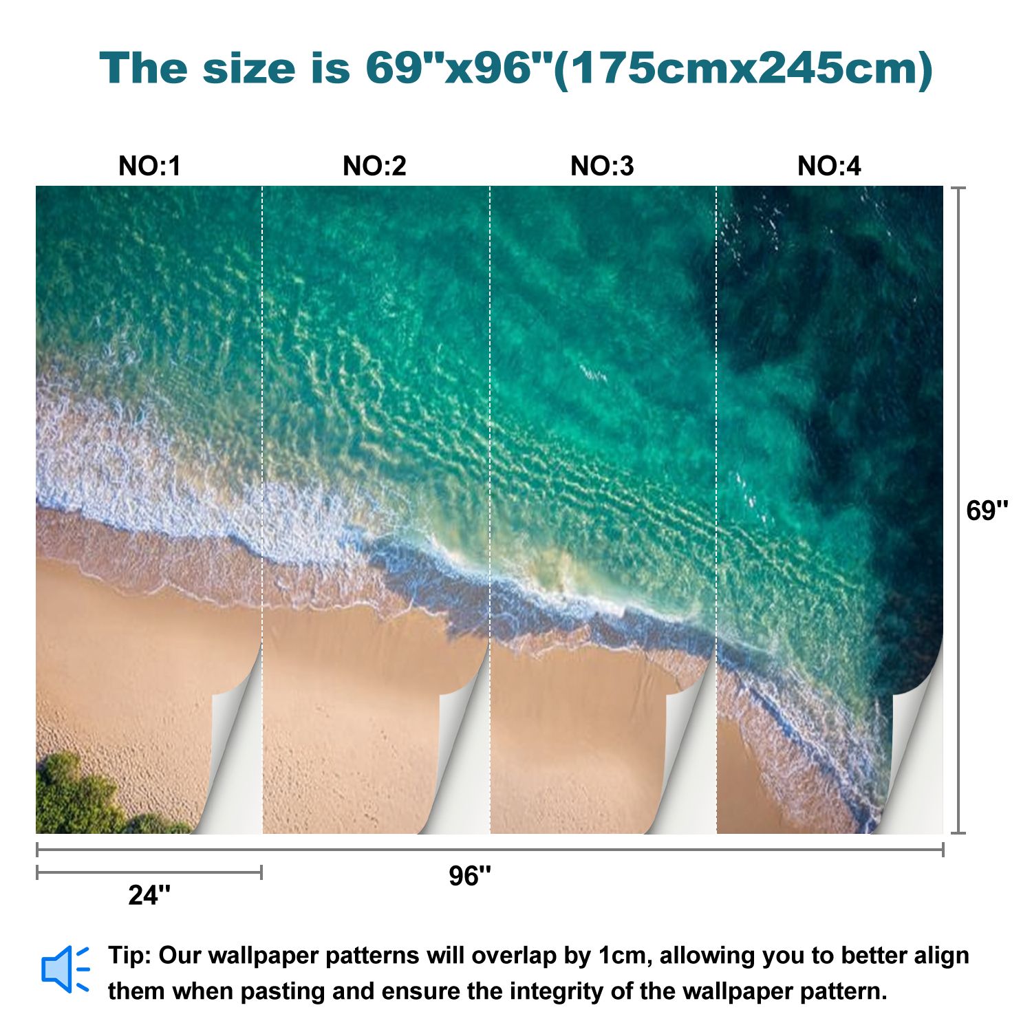Peel and Stick Wallpaper Clean ocean waves breaking white sand beach turquoise emerald coloured Modern Art Wall Mural Decor Self Adhesive and Removable 69in x 98in