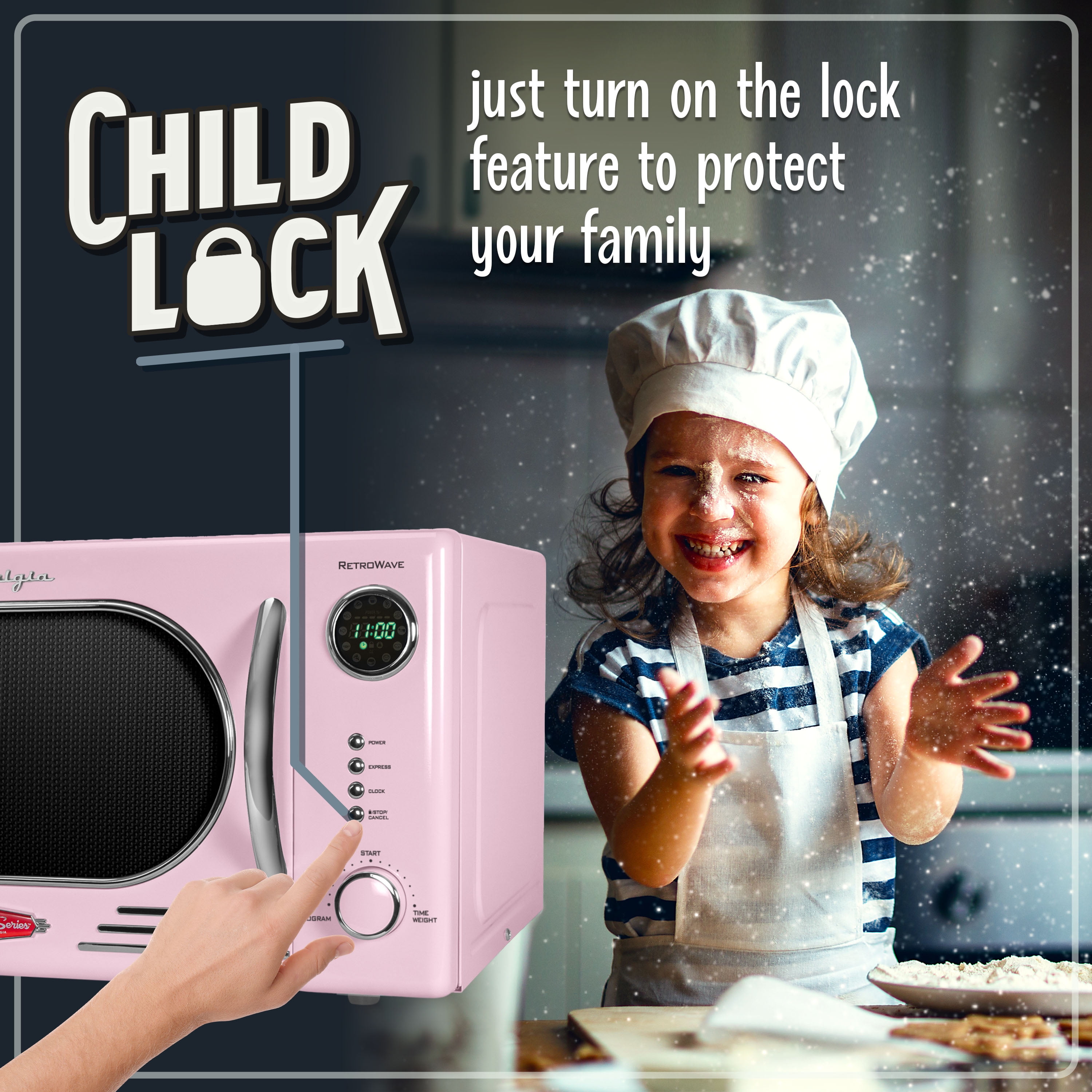Nostalgia Retro Countertop Microwave Oven - Large 1000-Watt - 1.1 cu ft - 12 Pre-Programmed Cooking Settings - Digital Clock - Kitchen Appliances - Pink