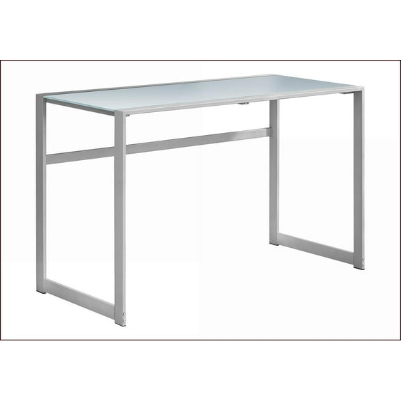 Desk, 48”L Home Office Computer, Frosted White Tempered Glass Top, Grey Metal, Modern | Silver Track Legs | Tempered Glass