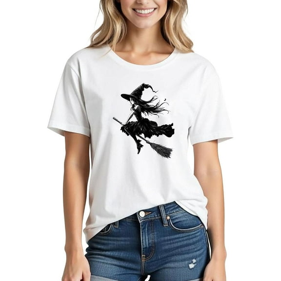 lcziwo Witch Halloween Shirts for Women Short Sleeve Crew Neck Tops Funny Printed Soft Tees Fall Spooky Casual 2025 T Shirts White,XL