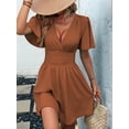 thumbnail image 5 of Women'S Ruched V Neck High Waist Casual Short Sleeve A-Line Dress Caramel Color M, 5 of 9