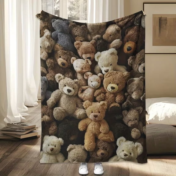 Teddy Bear Pattern Print Flannel Throw Blanket