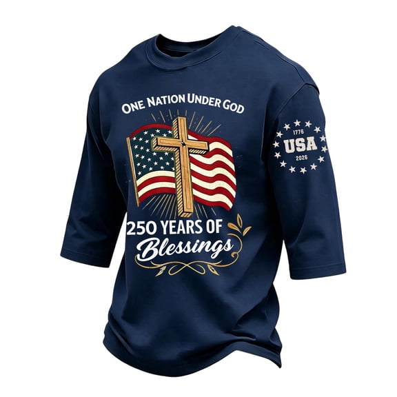 GrmtClth Men's American Flag Shirt Independence Day 1776-2026 Tops Classic 3/4 Sleeve T-Shirt Lightweight Soft Round Neck Clothes Navy L