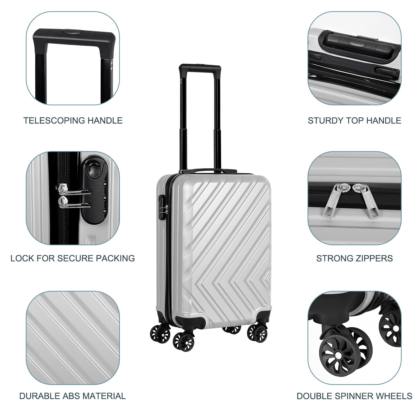 Arrow Stripe Luggage Travel Sliding Wheels 20" Silver