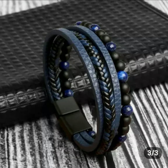 GKNET Men's Layered Braided Leather Beaded Bracelet With Tiger Eye, Natural Stone-3/3-21cm or 8.26in