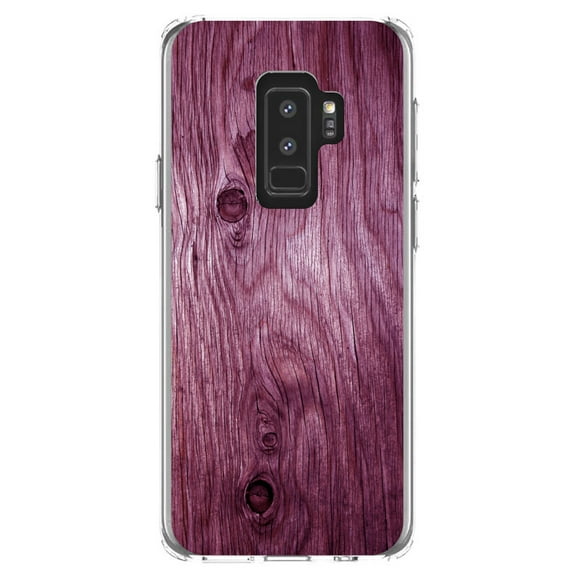 DistinctInk Clear Shockproof Hybrid Case for Samsung Galaxy S9  PLUS (6.2" Screen) - TPU Bumper, Acrylic Back, Tempered Glass Screen Protector - Fuchsia Weathered Wood Grain Print - Printed Wood Image