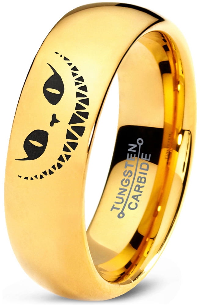 Tungsten Alice in Wonderland Cheshire Cat Band Ring 7mm Men Women Comfort Fit 18k Yellow Gold Dome Polished