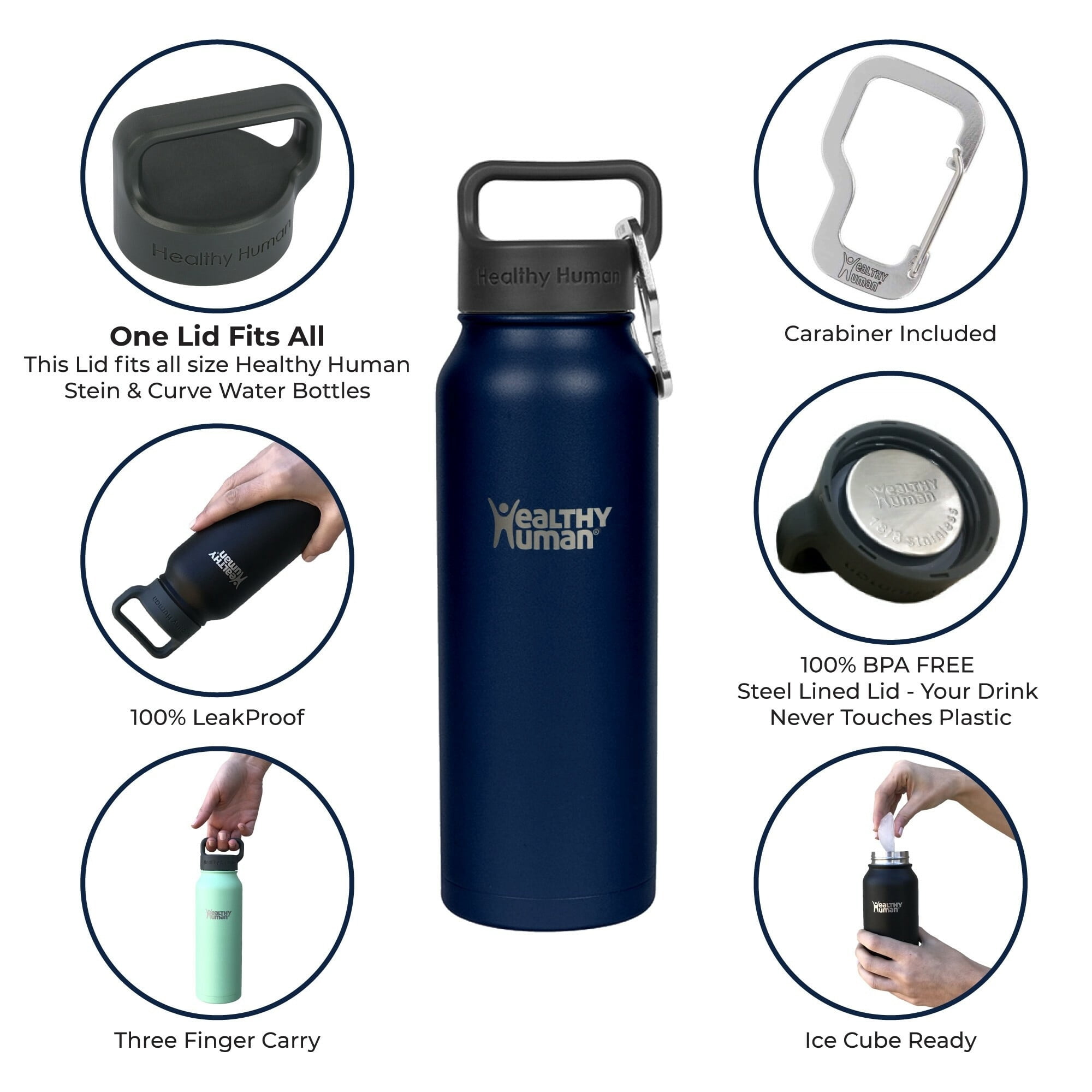 Healthy Human Stainless Steel Water Bottle (Navy Blue, 21 oz/ 621 ML)