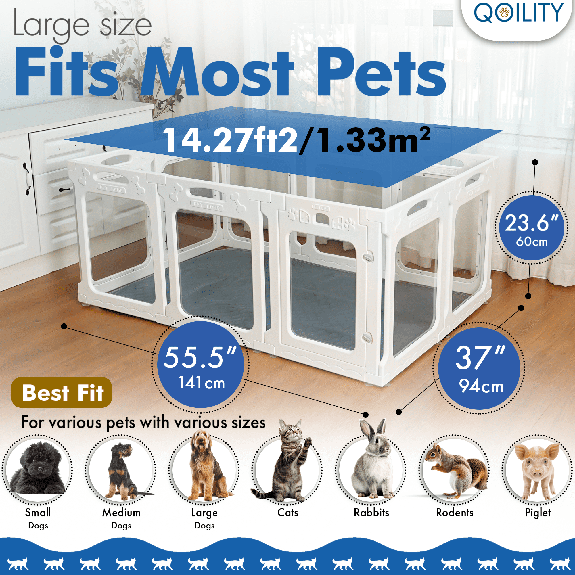 Qoility Clear Dog Playpen with Door - Height 24 Inch, 10 Panels - Reduces Indoor Puppy/Small Dog Anxiety, White