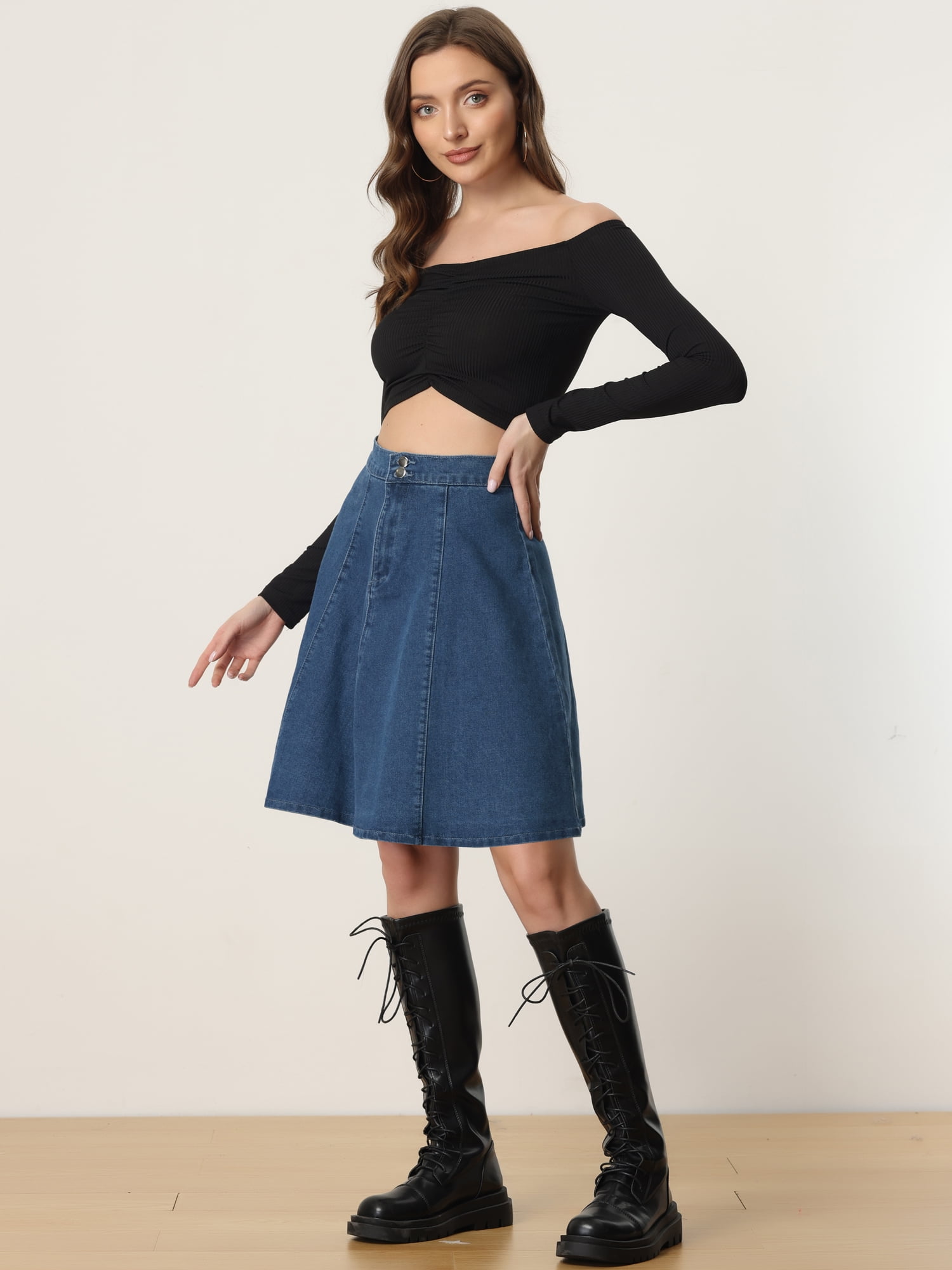 DARING DIVA Women's A-Line Flared Pleated Midi Denim Skirt L Dark Blue