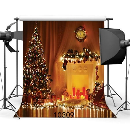ABPHOTO Polyester 5x7ft Photography Backdrop Christmas Decoration Tree Gifts Fireplace Lights Interior Xmas Backdrops Seamless Baby Kids Happy New Year Background Photo Studio