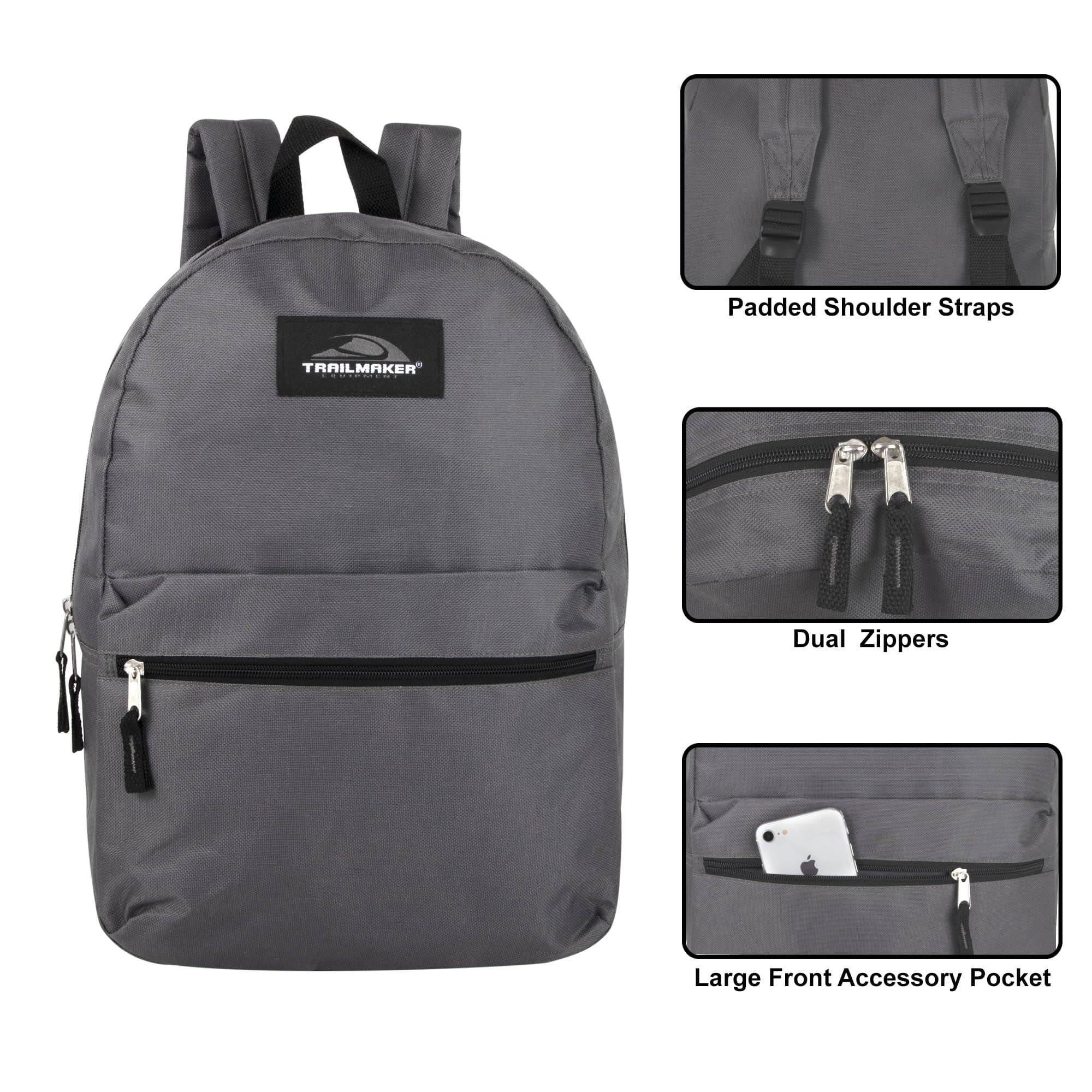 Trailmaker 24 Pack of Bulk Wholesale Basic and Classic 17 Inch Backpacks with Front Accessory Pocket, Dual Zipper Closure and Padded Adjustable Shoulder Straps for Travel in Gray