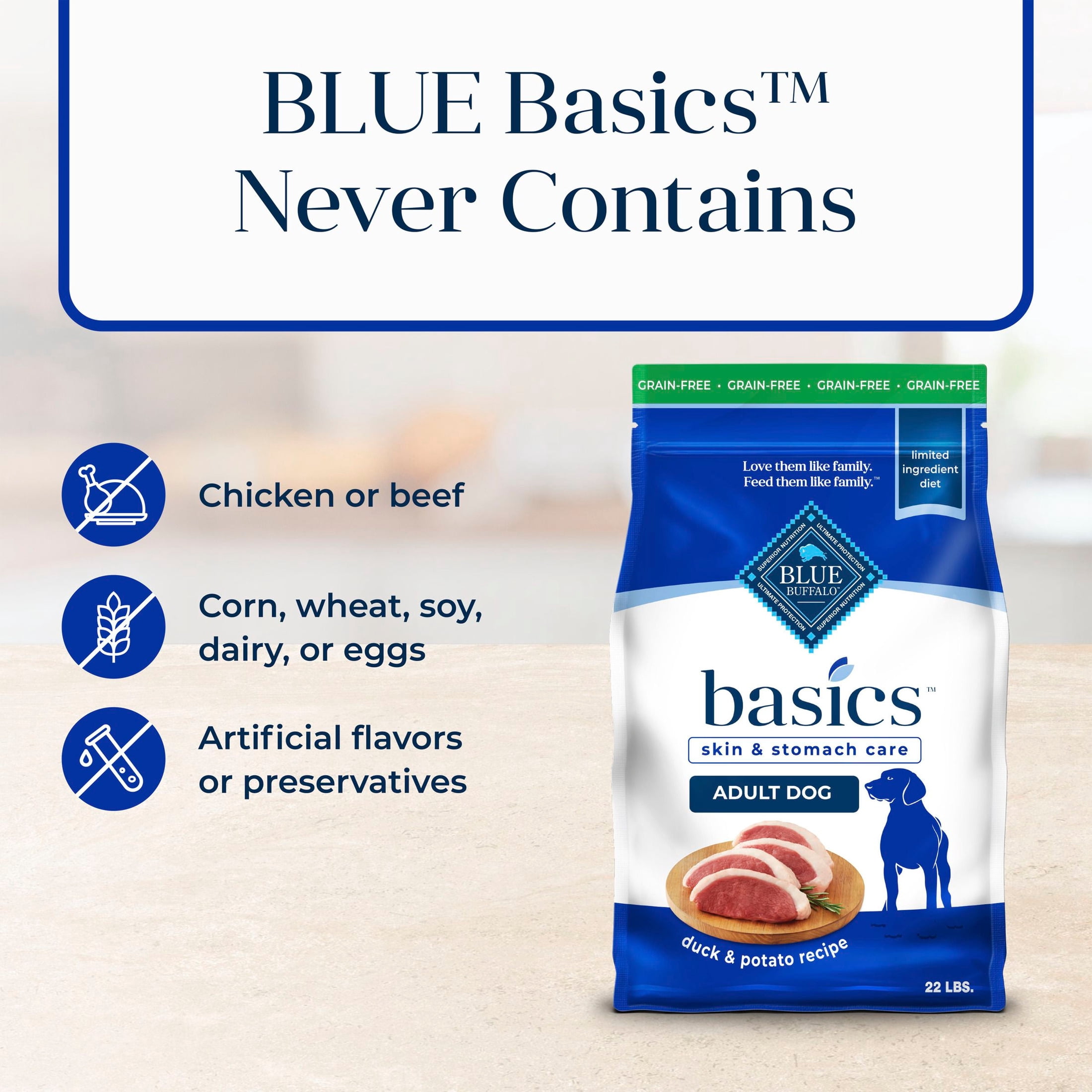 Blue Buffalo Basics Grain Free Adult Dry Dog Food, Duck, Chicken Free, 22lbs