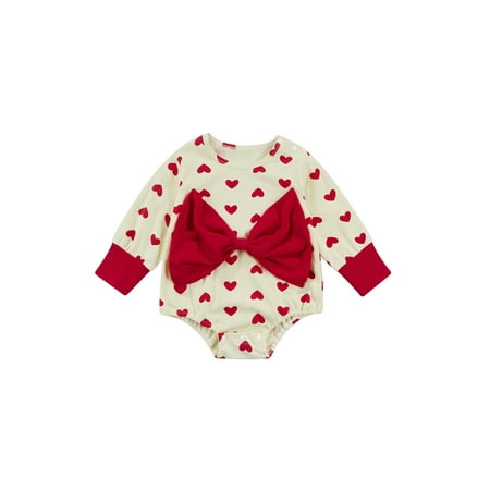

Fiomva Baby Girl Heart Print Bow Round Neck Long Sleeve Romper Red 18-24 Months