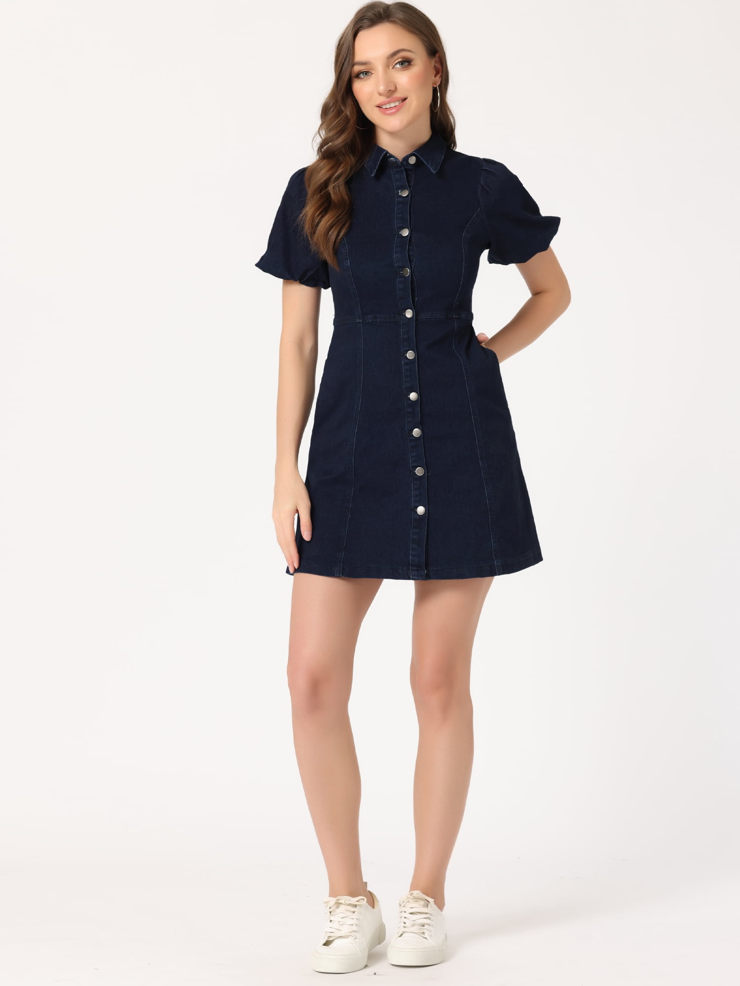 DARING DIVA Puff Short Sleeve Button Front Mini Jean Denim Dress S Deep Blue