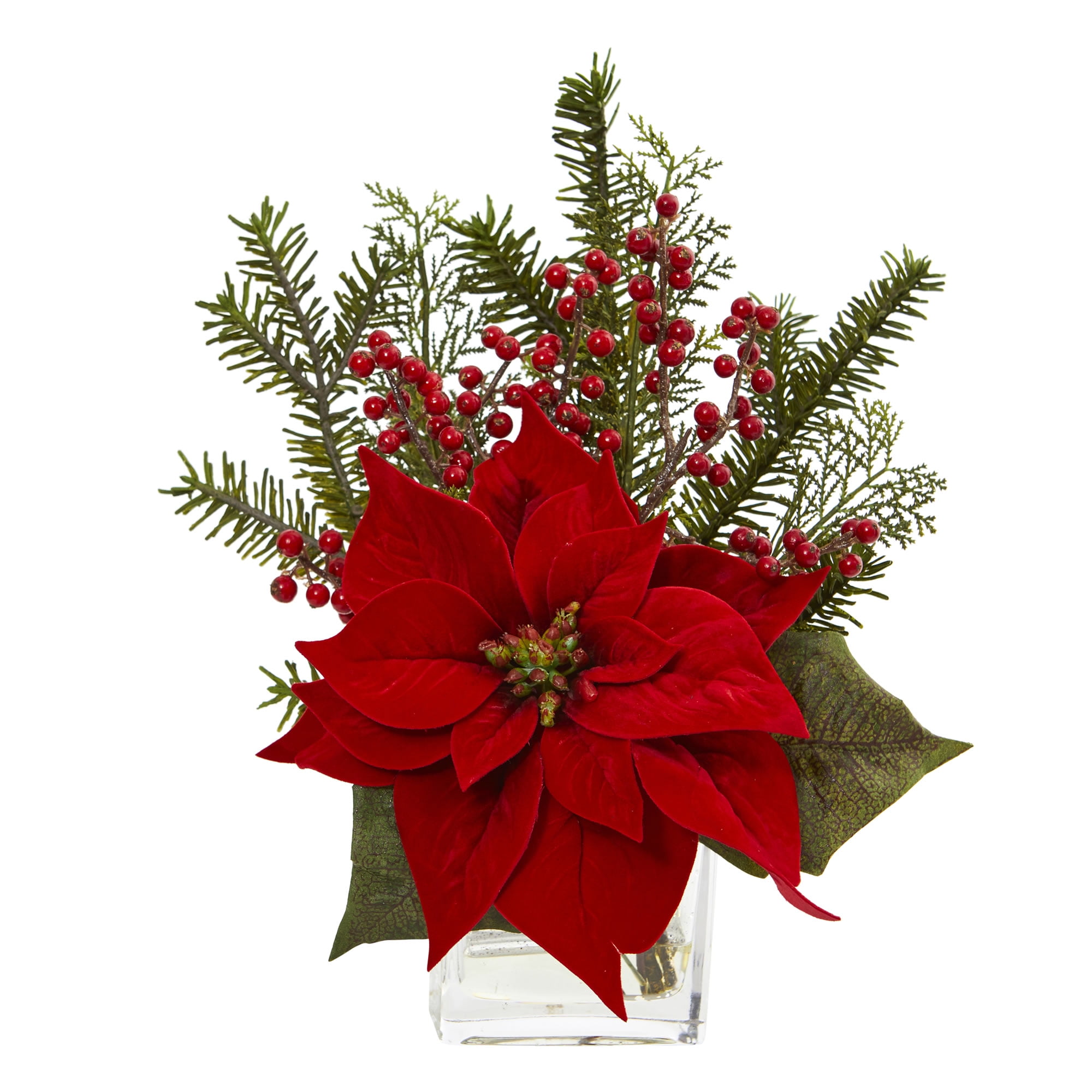 Nearly Natural Poinsettia, Pine and Berries in Vase Artificial