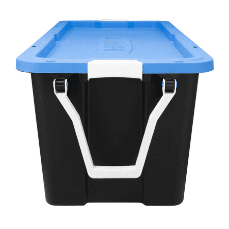 HART 50 Gallon Wheeled Plastic Storage Bin Container, Black with Blue Lid