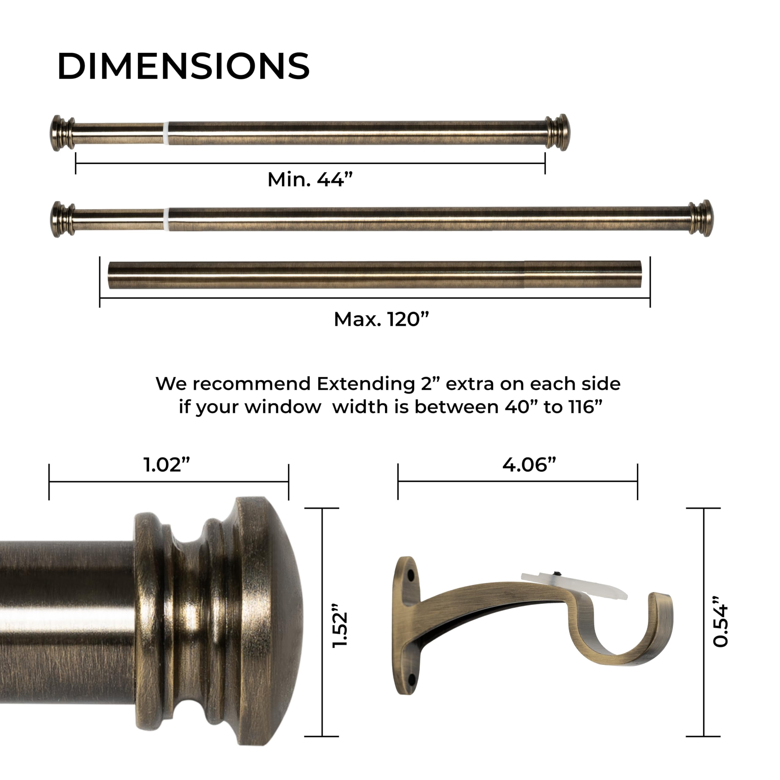 Deco Window Adjustable Curtain Rod for Windows 44 to 120 Inch (Pack of 1) Extendable Curtain Rod with End Cap Finial (Brass)