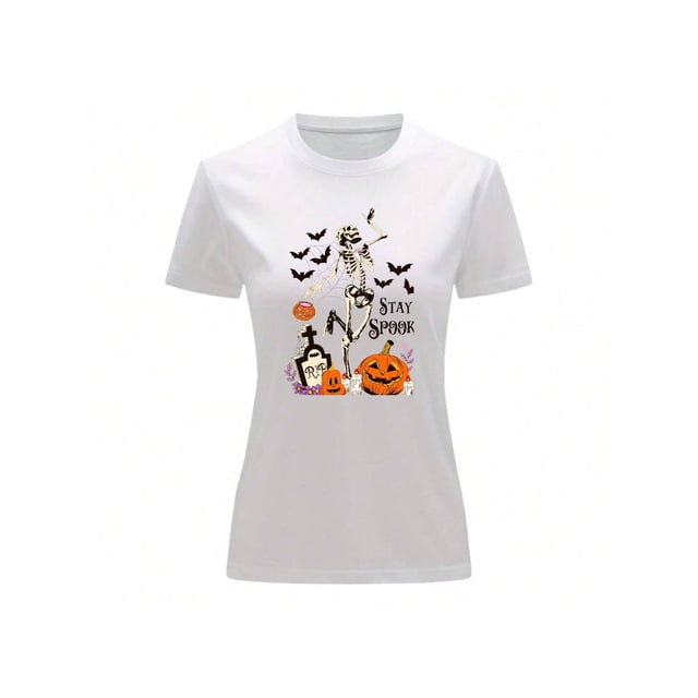 Playera Blusa De Calaca Murcielagos y Calabaza Halloween Dia De Muertos Color Blanco Talla Mediana Marca Emil SaEs