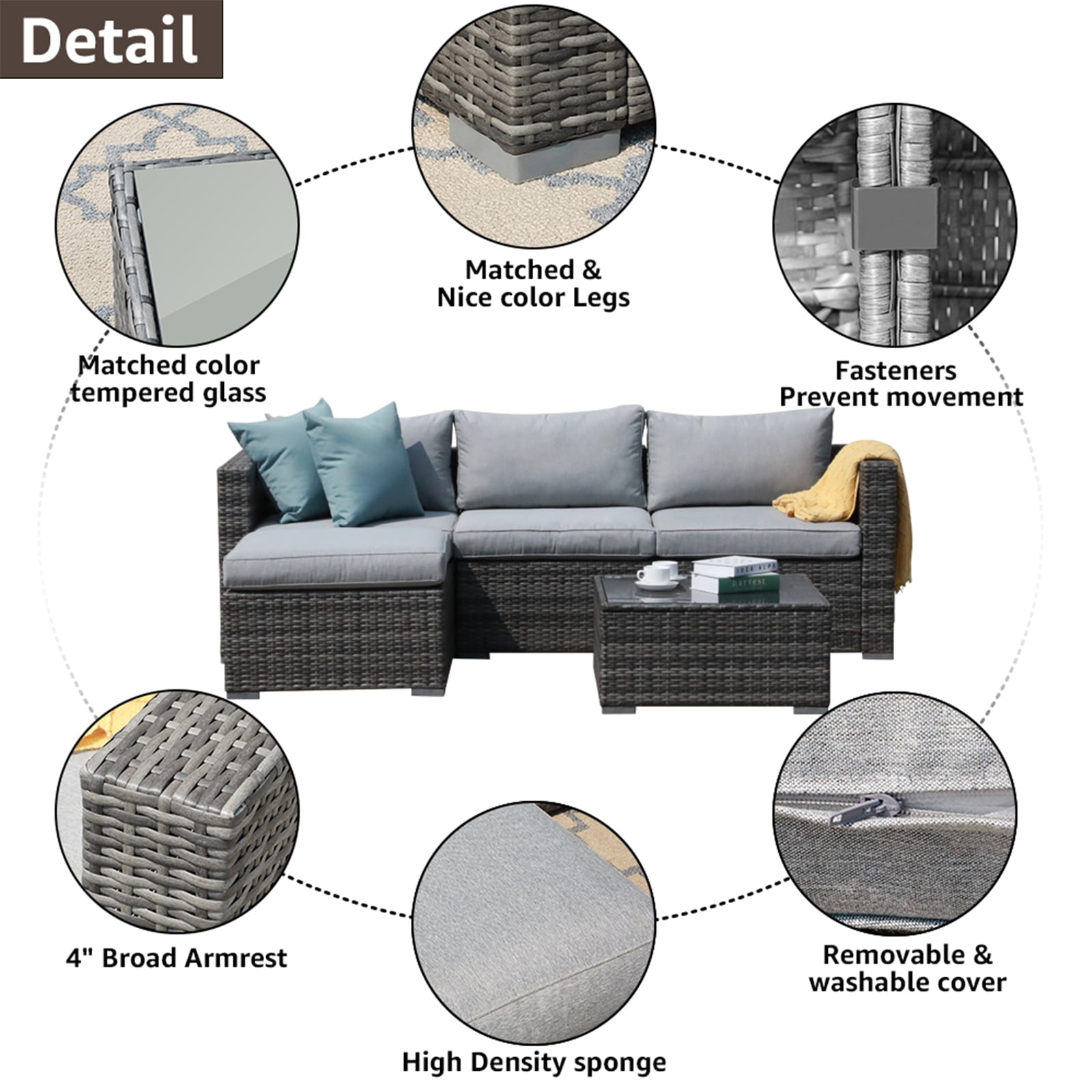 JOIVI 5 Pieces Outdoor Patio Furniture Set, All Weather PE Gray Wicker Rattan Sectional Furniture Set with Coffee Table, Light Gray
