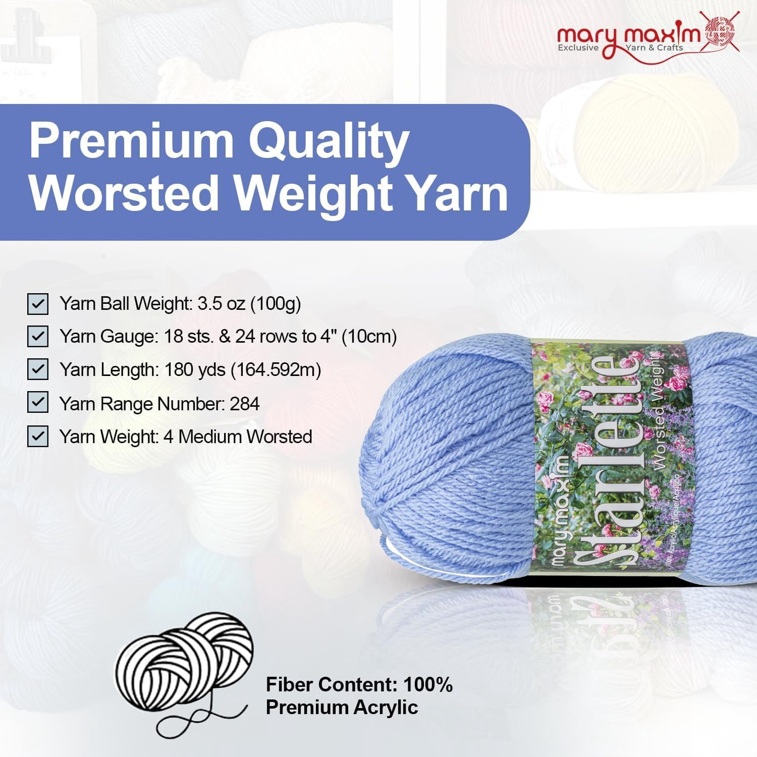 Mary Maxim Starlette Crochet and Knitting Yarn, Acrylic Worsted Weight Yarn 4, Light Denim