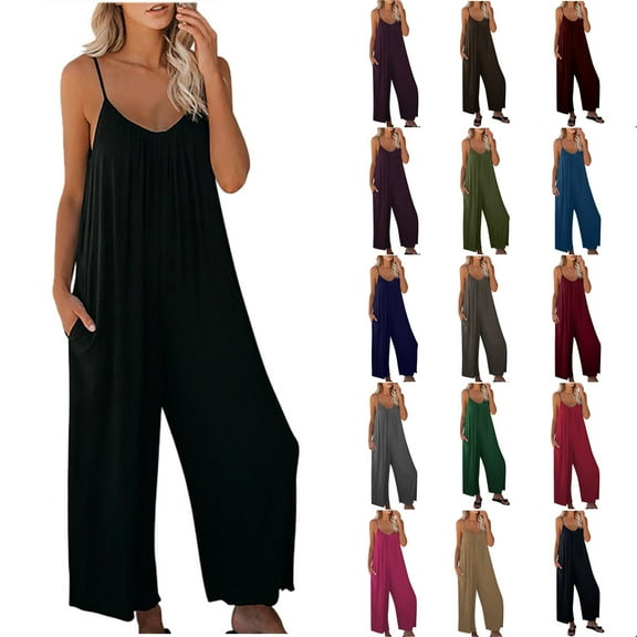FchengtaiS Women's Loose Sleeveless Jumpsuits Adjustable Spaghetti Strap Stretchy Romper Wide Leg Jumpsuit with Pockets