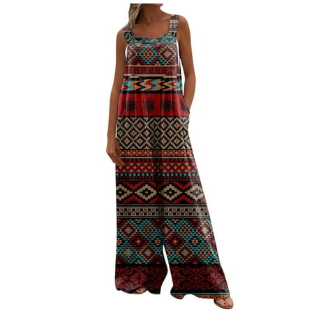 

Dyegold Jumpsuits for Women Casual One Piece Jumpsuits for Women Boho Wild Leg Overalls Ethnic Style Print Square Neck Sleeveless Rompers Playsuit