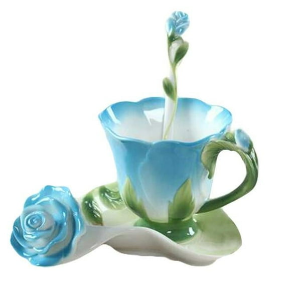 5.1 oz Blue Rose Porcelain Tea Cup & Saucer Set, Multi Color