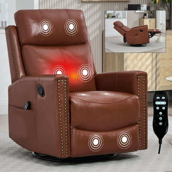 Recliners and Massage Chairs Red Genuine Leather Heat Massage Manual Recliner Chair with Rocker and Swivel for Living Room,Massage Recliners
