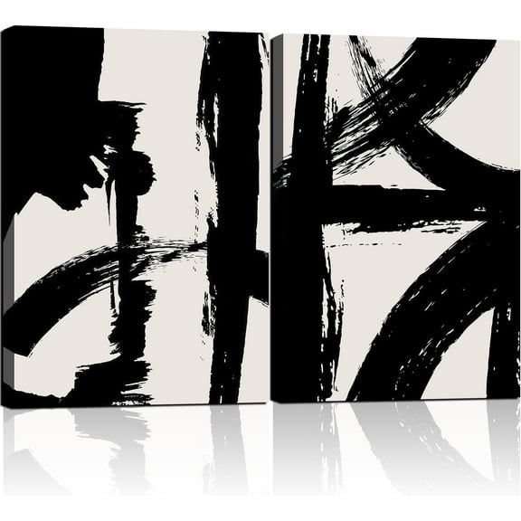 2Pcs Framed Abstract Black and White Canvas Wall Art Minimalist Brushstroke Line Prints Modern Home Gallery Style Picture Painting Posters Bedroom Living Room Officech Ready to Hang
