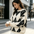 thumbnail image 3 of Dweltoz Women's Oversized Argyle Sweater Crew Neck Long Sleeve Knit Pullover Top Loose Fit Preppy Casual Fall Winter Clothes,Light Brown M, 3 of 4