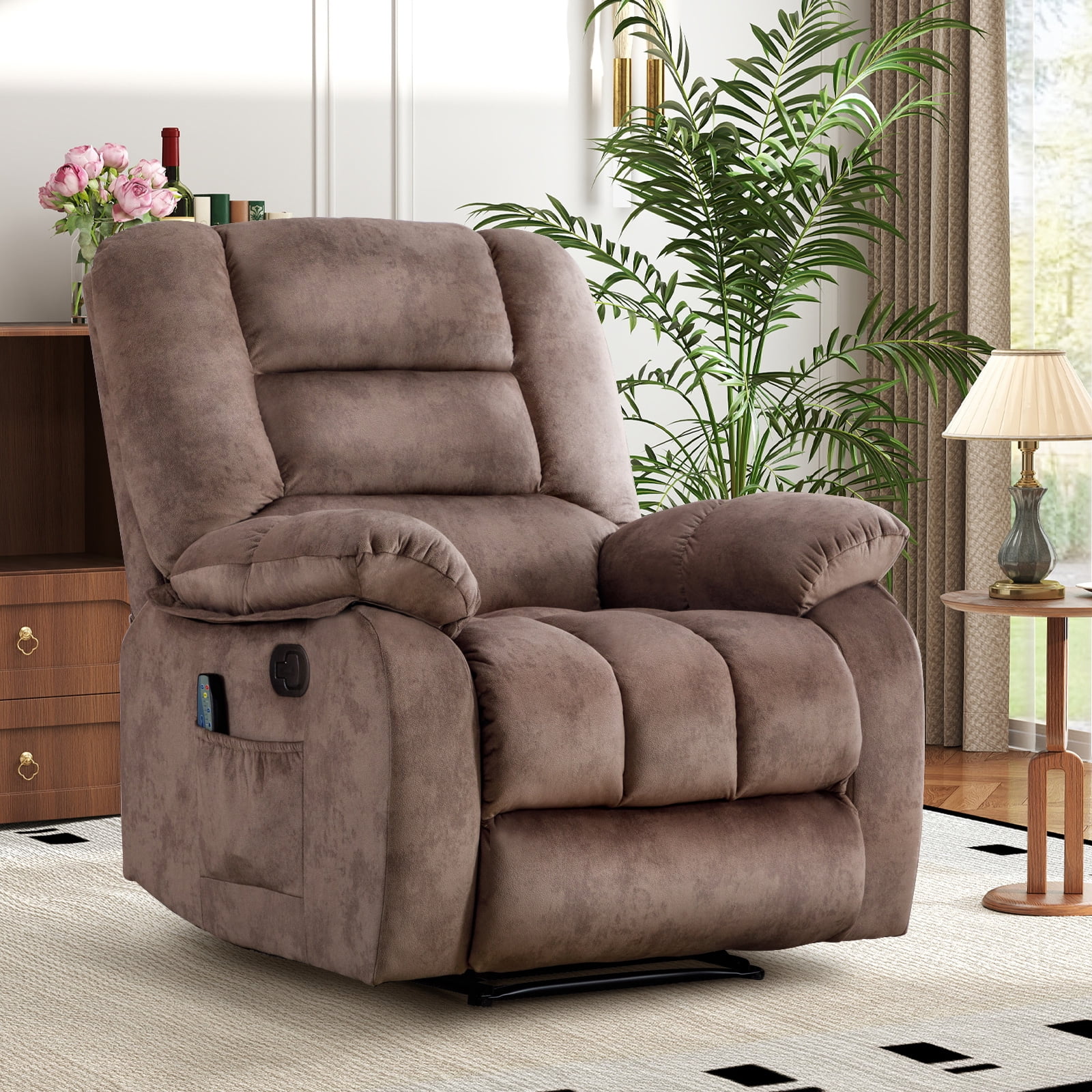 Ebello 36'' Massage Recliner Chair with Heat and Vibration – Soft Fabric Manual Reclining Chair for Living Room and Bedroom – Camel