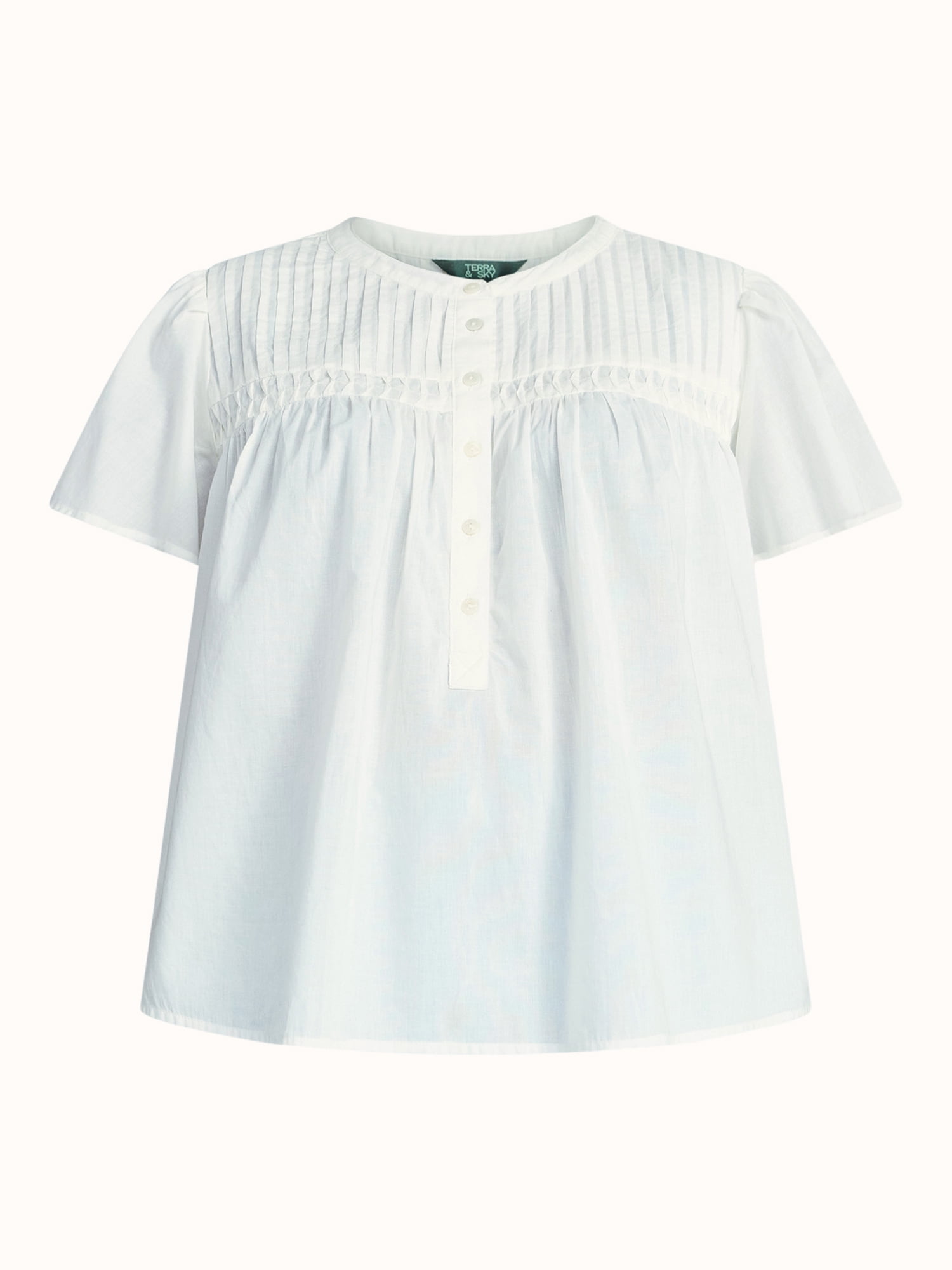 Terra & Sky Women’s Pleated Yoke Top with Short Flutter Sleeves, Sizes 0X-5X