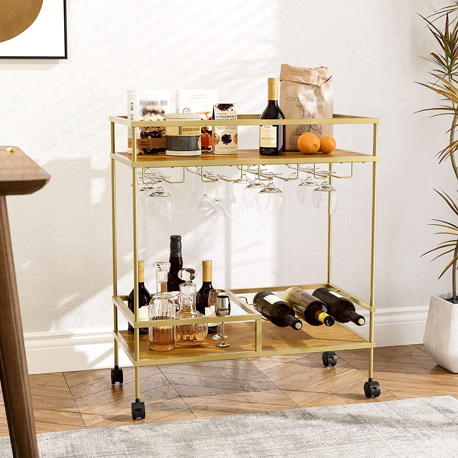 IKIFLY 2-Tier Farmhouse Metal and Wood Bar Cart on Wheels - Rolling ...