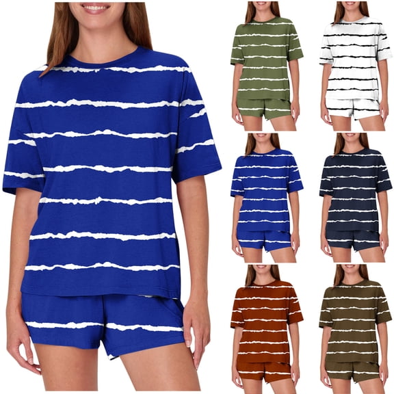 Gifts Dianli Pajama Set Loungewear Women's Casual Loose Striped Print Round Neck Short Sleeve Top and Elastic Waist Shorts Two Piece Soft Breathable Cotton Blend Homewear Nightwear